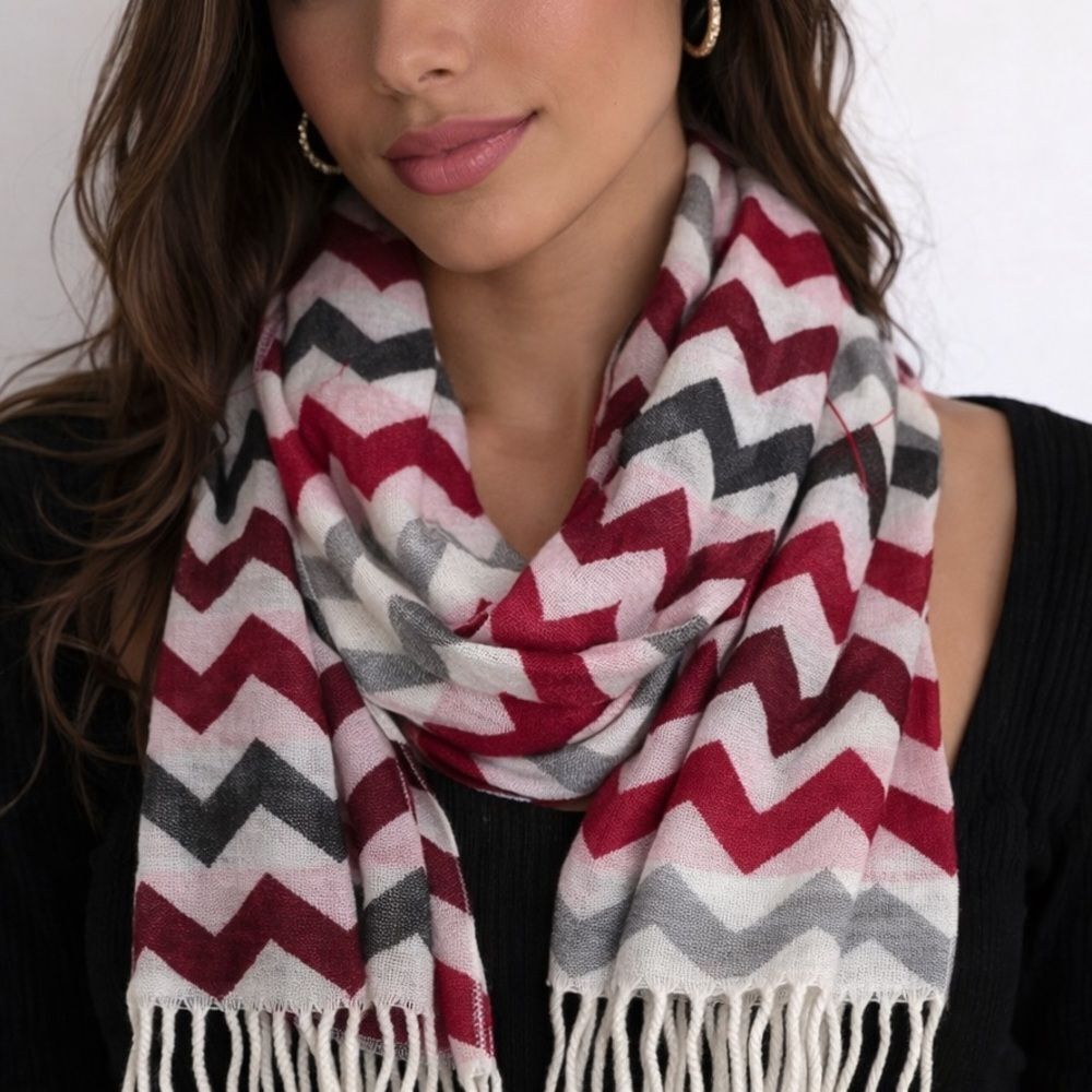2/$20 Red Pink Grey White Zig-Zag Fringe Scarf